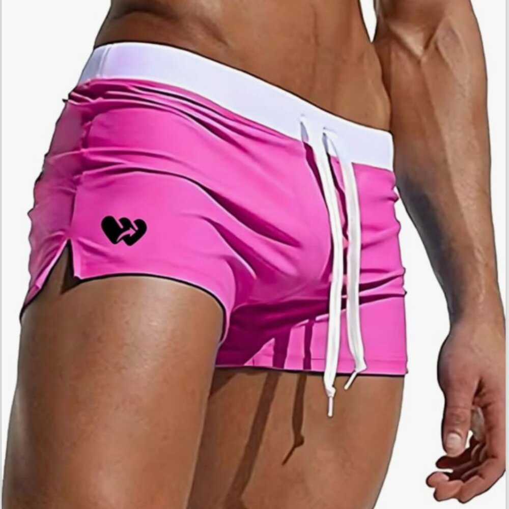 Men's Sexy Swim Trunks With Zippered Back Pocket Resort Wear Pool Hot Pink L